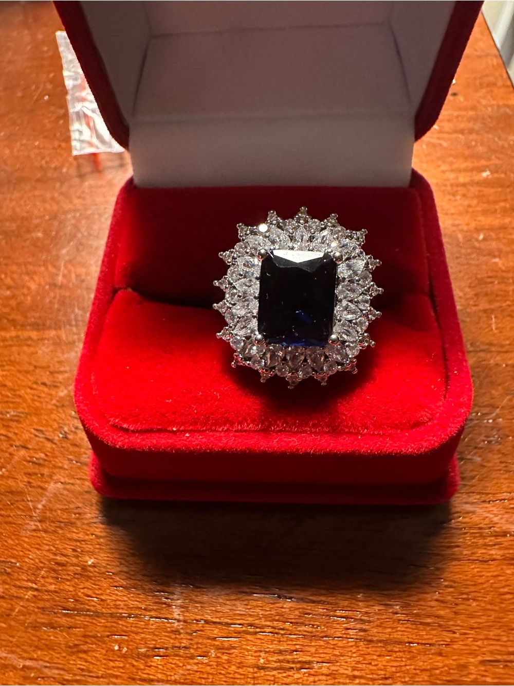 Classic Silvertone Blue Stone Halo Cocktail Ring - Women Jewelry